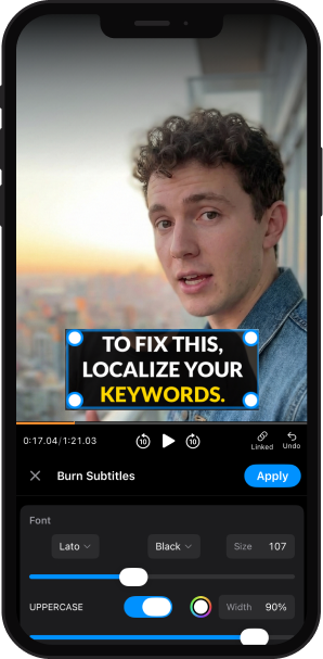 The Blitzcut iPhone app editing burned-in captions on a talking-head clip