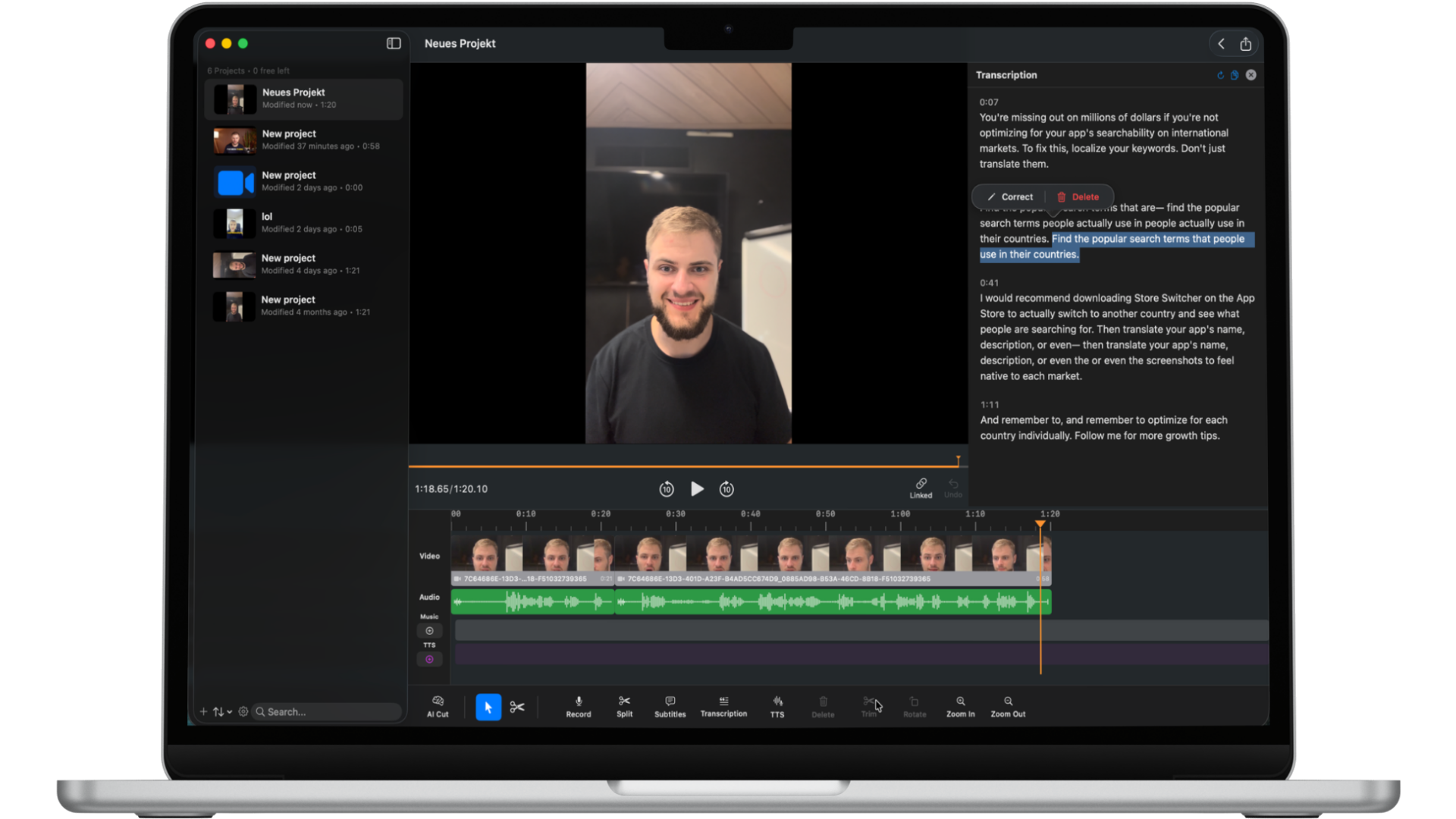 The Blitzcut Mac editor showing the transcript panel and clip timeline for a talking-head video