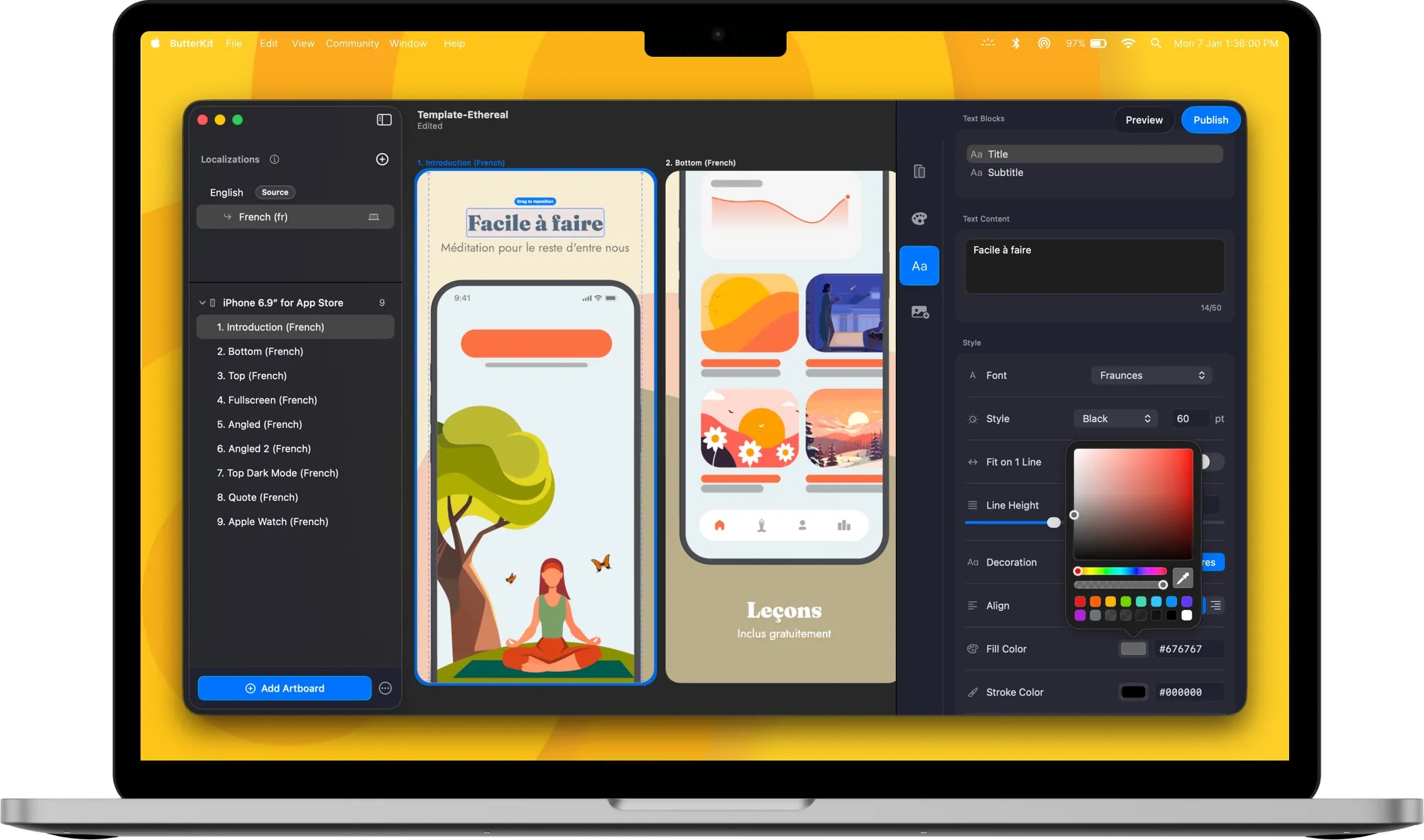 The ButterKit editor localizing an App Store screenshot set into French, with editable text blocks and device mockups