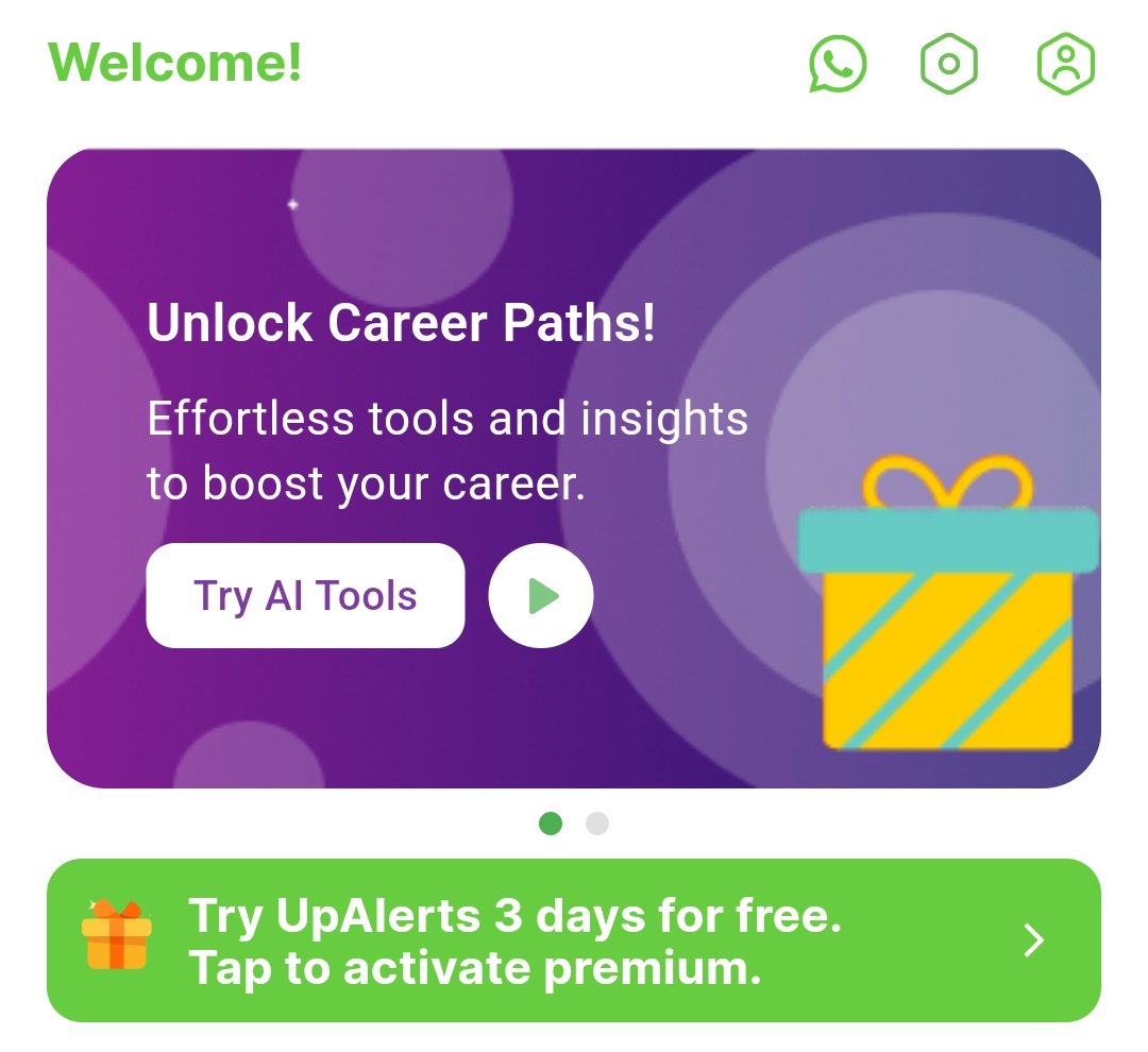 UpAlerts Home screen banner reading "Try UpAlerts 3 days for free. Tap to activate premium."