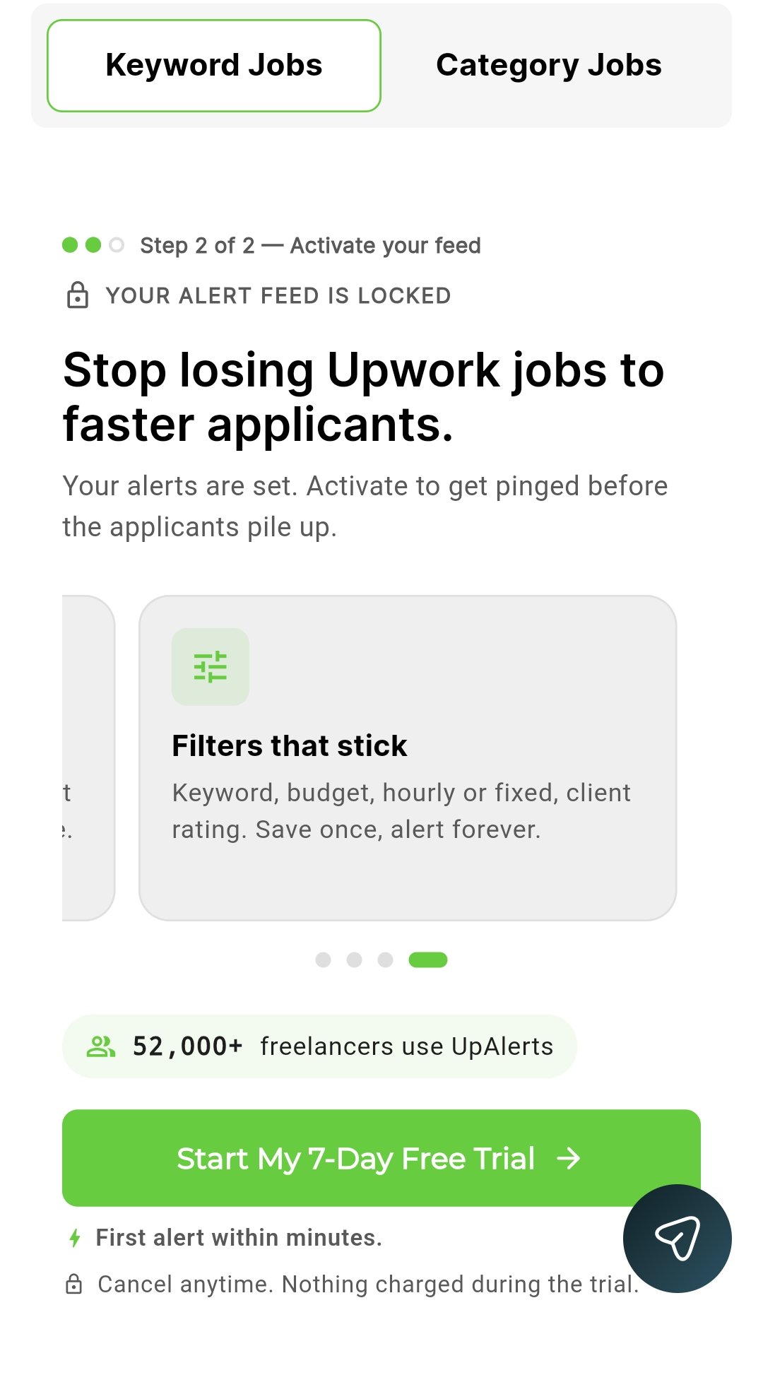 UpAlerts Jobs screen with a "Start My 7-Day Free Trial" button and the note "Nothing charged during the trial"