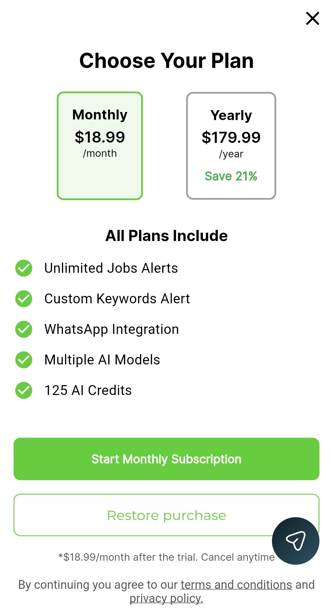 UpAlerts in-app paywall showing Monthly $18.99/month, a Start Monthly Subscription button, and the note "$18.99/month after the trial"