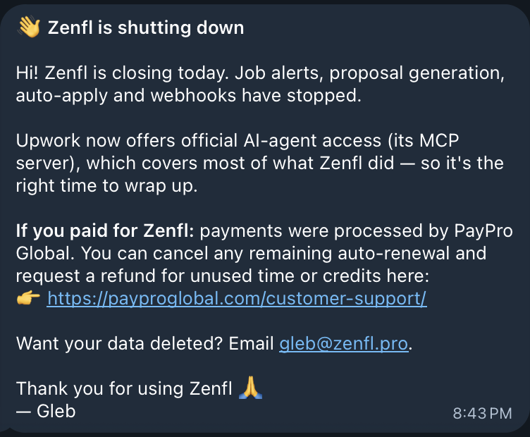 Zenfl's shutdown notice in its Telegram channel, September 16, 2026
