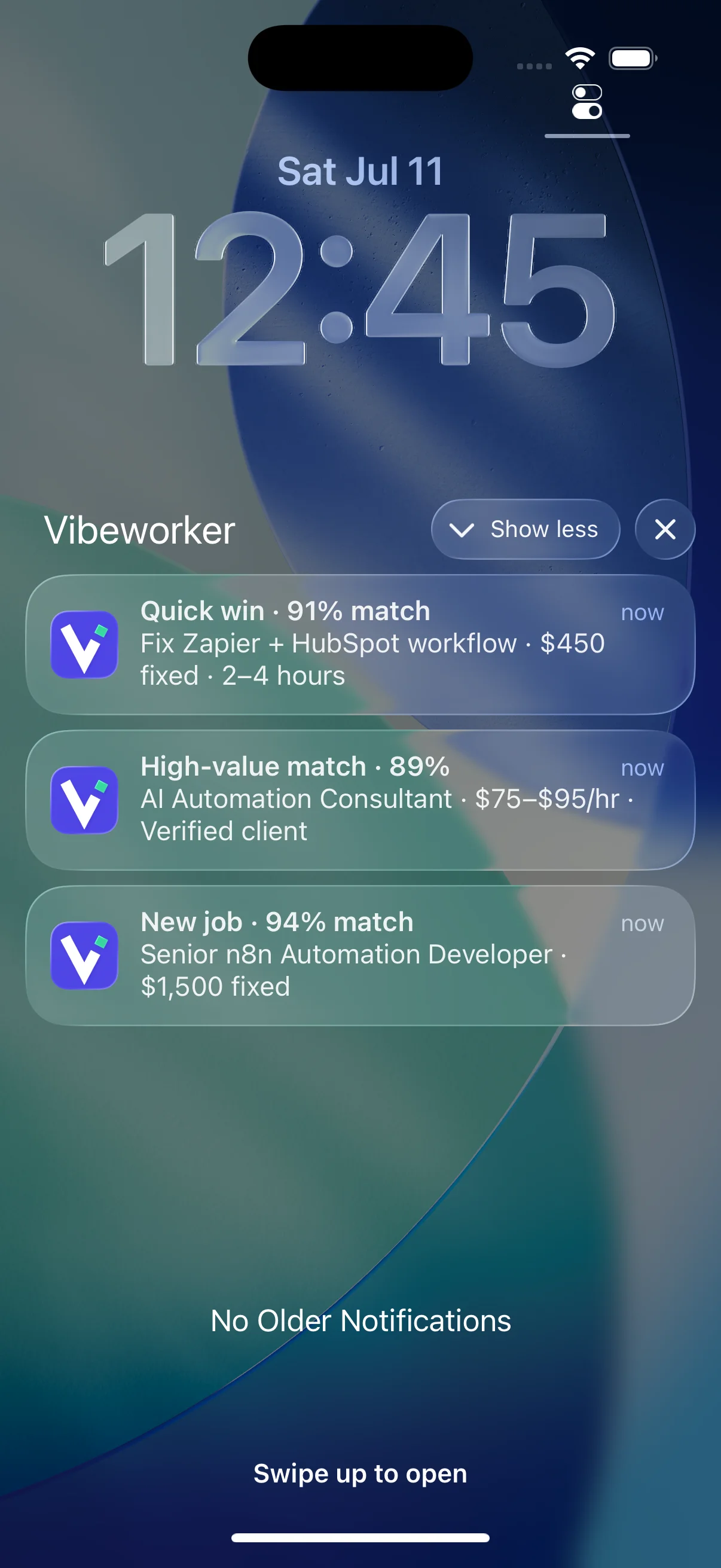 Vibeworker lock screen notifications showing real Upwork job matches